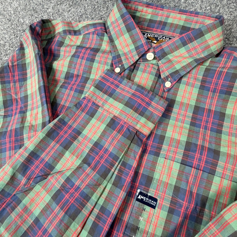 American Living Mens M Plaid Button Down Shirt Green Red Blue Long Sleeve Cotton